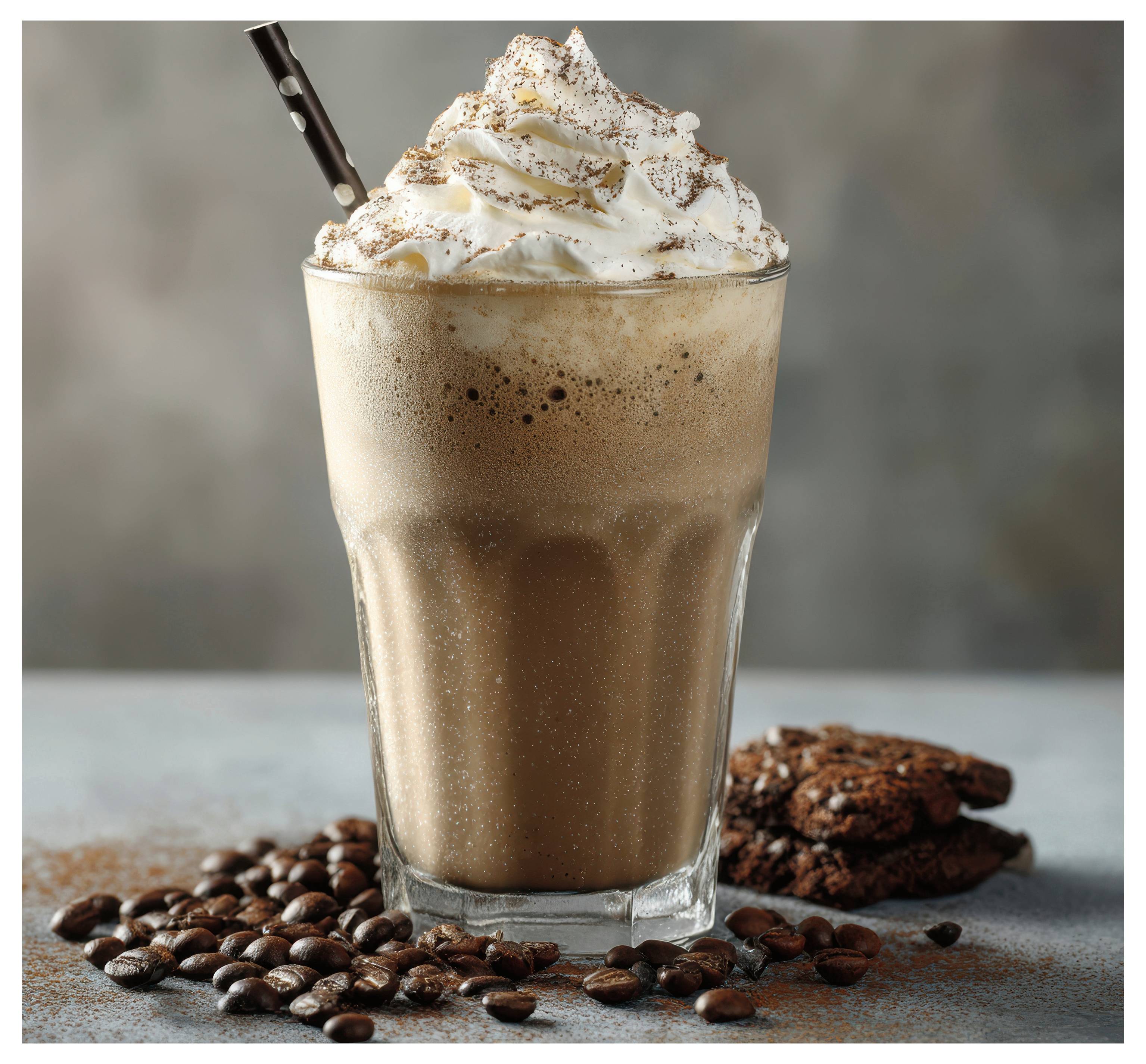 A creamy iced coffee topped with whipped cream and cinnamon, surrounded by scattered coffee beans and chocolate cookies, on a table.