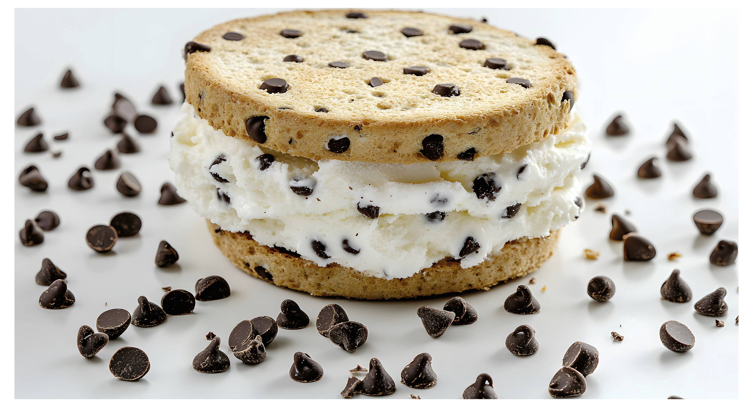 Chocolate chip cookie ice cream sandwich on a white background, surrounded by scattered chocolate chips.