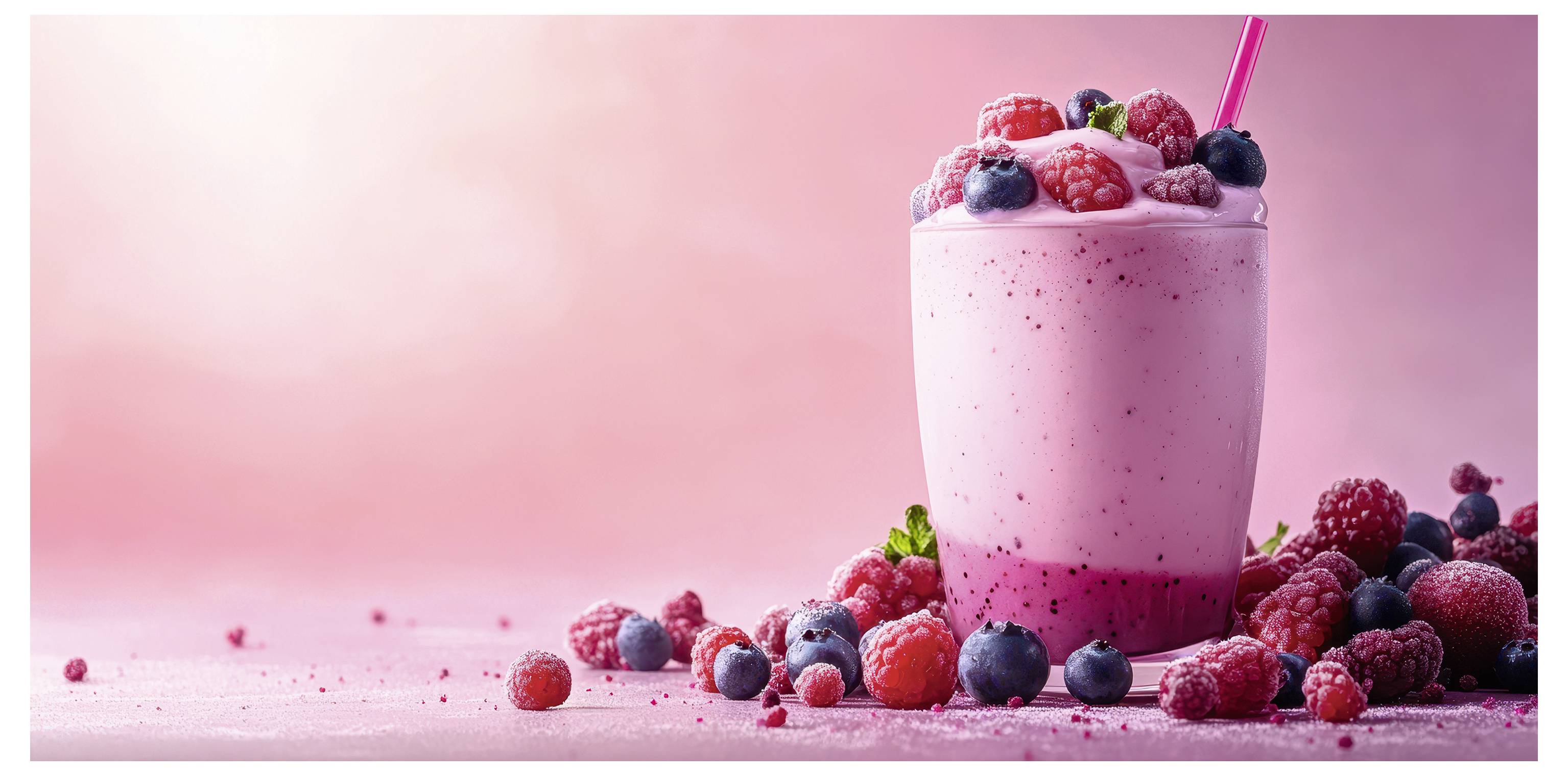 A glass of berry smoothie topped with raspberries and blueberries, surrounded by scattered berries on a pink background.