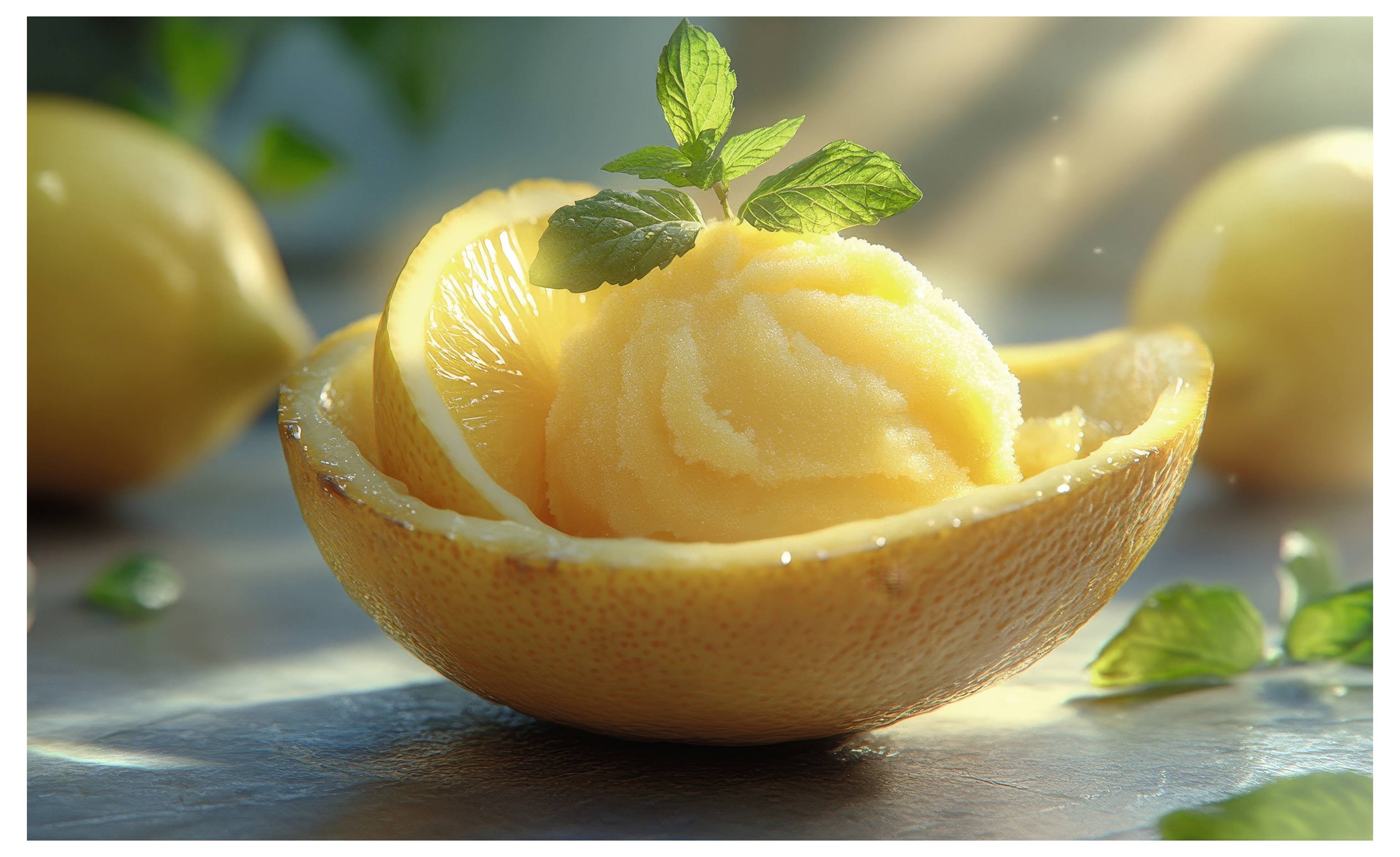 A scoop of lemon sorbet sits in a halved lemon, garnished with mint leaves. Sunlight highlights its texture and freshness.