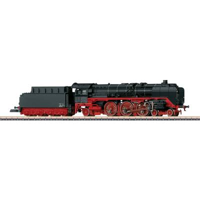 A detailed model of a black and red steam locomotive with intricate wheels and connections, displayed on a track.