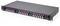 A black network patch panel with multiple purple connectors, designed for organizing and connecting network cables in a data center.