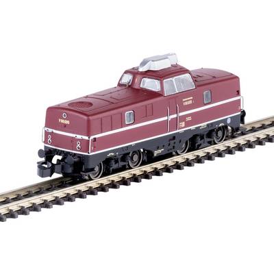 A red model diesel locomotive with 'V200.05' printed on the side, positioned on a track, showcasing detailed design elements.
