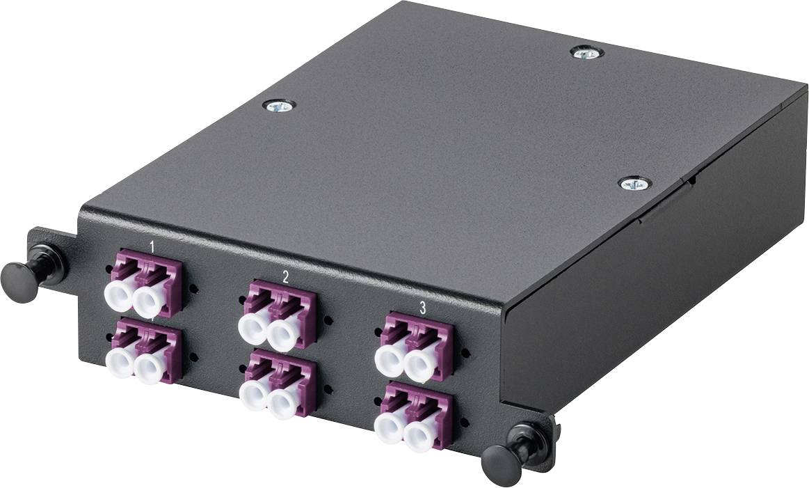 'Fiber optic patch panel with six ports, arranged in three rows, numbered 1 to 3, used for network connections.'