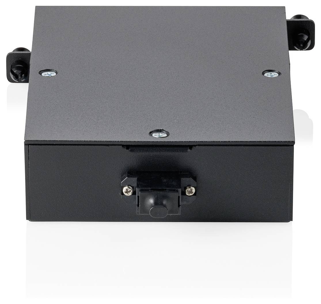A black electronic device with mounting brackets and a button on the front, viewed from the top.