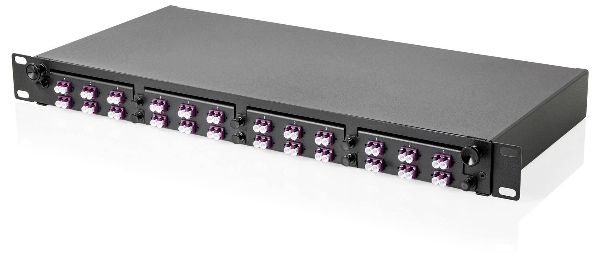 A black rackmount fiber optic patch panel, featuring multiple ports with connectors, used for managing and organizing network cables.