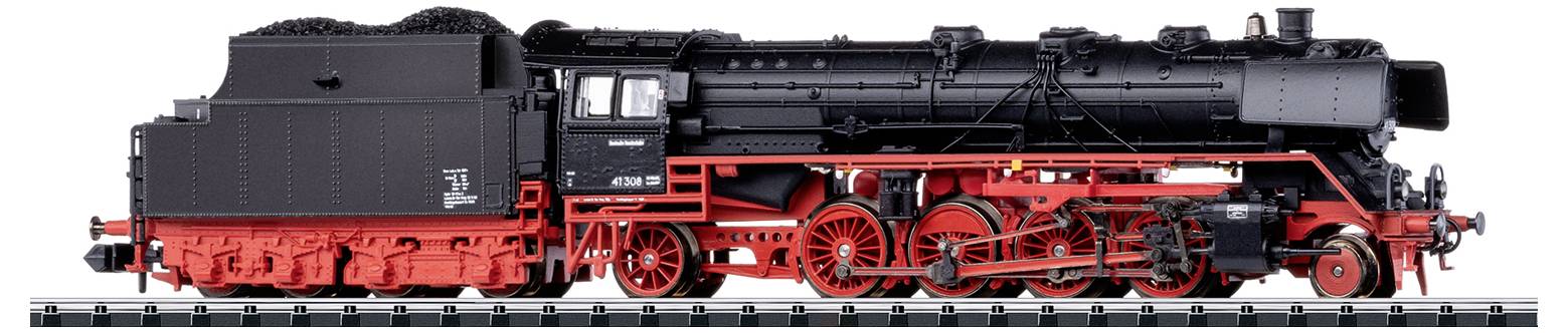 A detailed model of a black and red steam locomotive on a track, highlighting mechanical elements and classic train design.