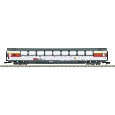A model Swiss train car with red stripes, displaying 'SBB CFF FFS' and 'Railadventure' logos, is on railway tracks.