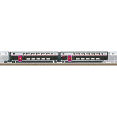 A side view of a streamlined high-speed train on tracks, featuring two silver and black passenger cars with purple accents.