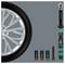 A car tire is accompanied by a torque wrench with display and four different sized sockets (17mm, 19mm, 21mm) on a gray background.