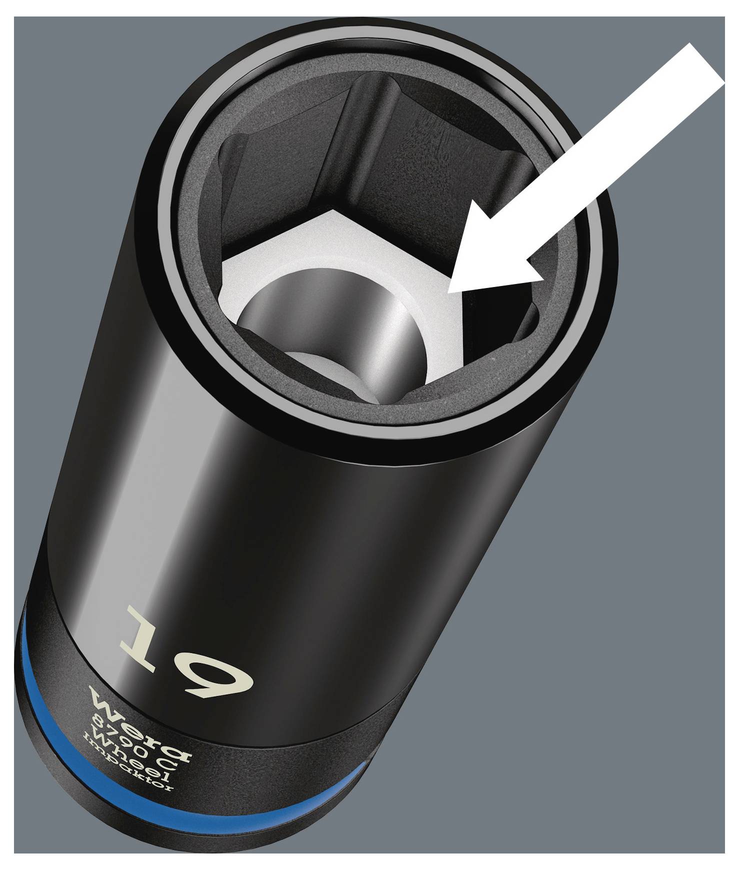 '19mm socket with internal hex shape, arrow indicating interior design feature, labeled with 'Wera', placed against a solid background.'