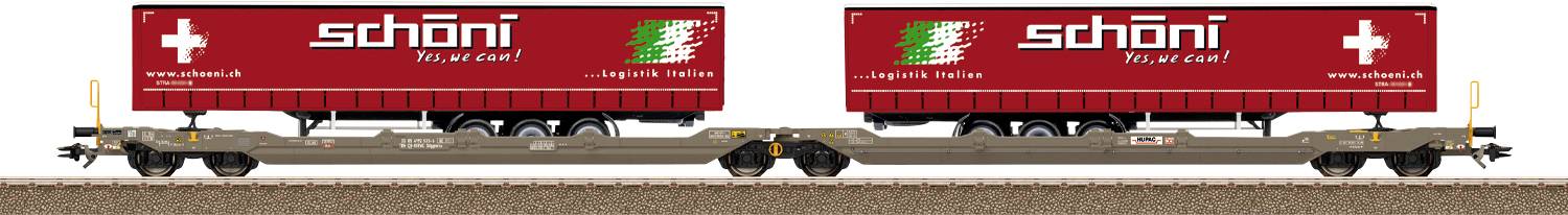 A freight train with two red containers labeled 'schöni' is on flatbed wagons, each bearing a Swiss flag and green emblem.