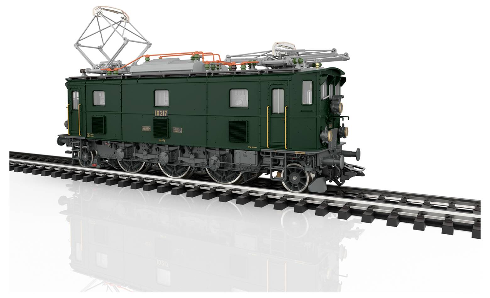 'Model of a green vintage electric locomotive on railway track, featuring intricate details and a classic design with pantograph on top.'