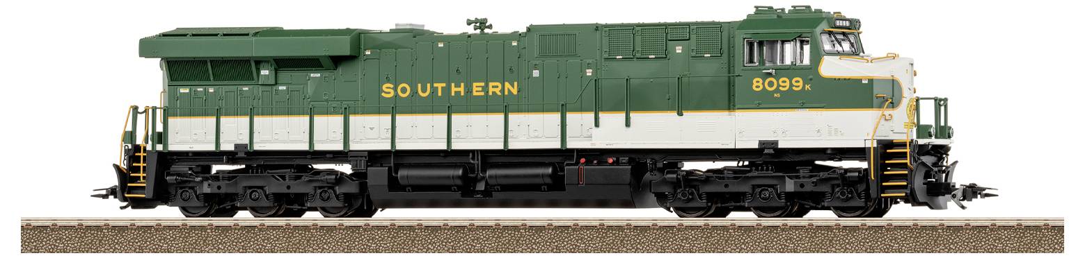 A model train engine with a green and white body, marked 'Southern', sits on a track.
