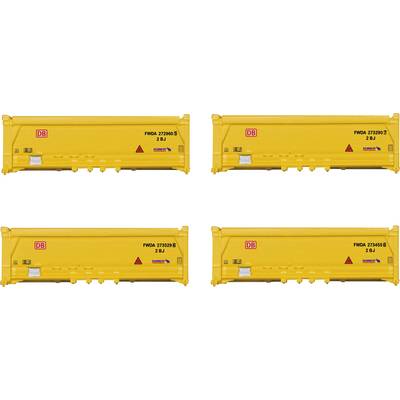 Yellow freight containers with 'DB' logo and code labels, positioned in two rows of two. Each container has warning signs and identical markings.
