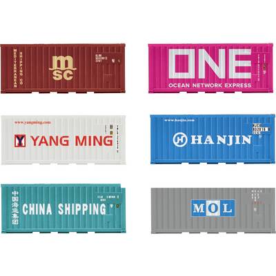 Six shipping containers with different logos: MSC, ONE, Yang Ming, Hanjin, China Shipping, MOL. Each has distinct colors and branding.