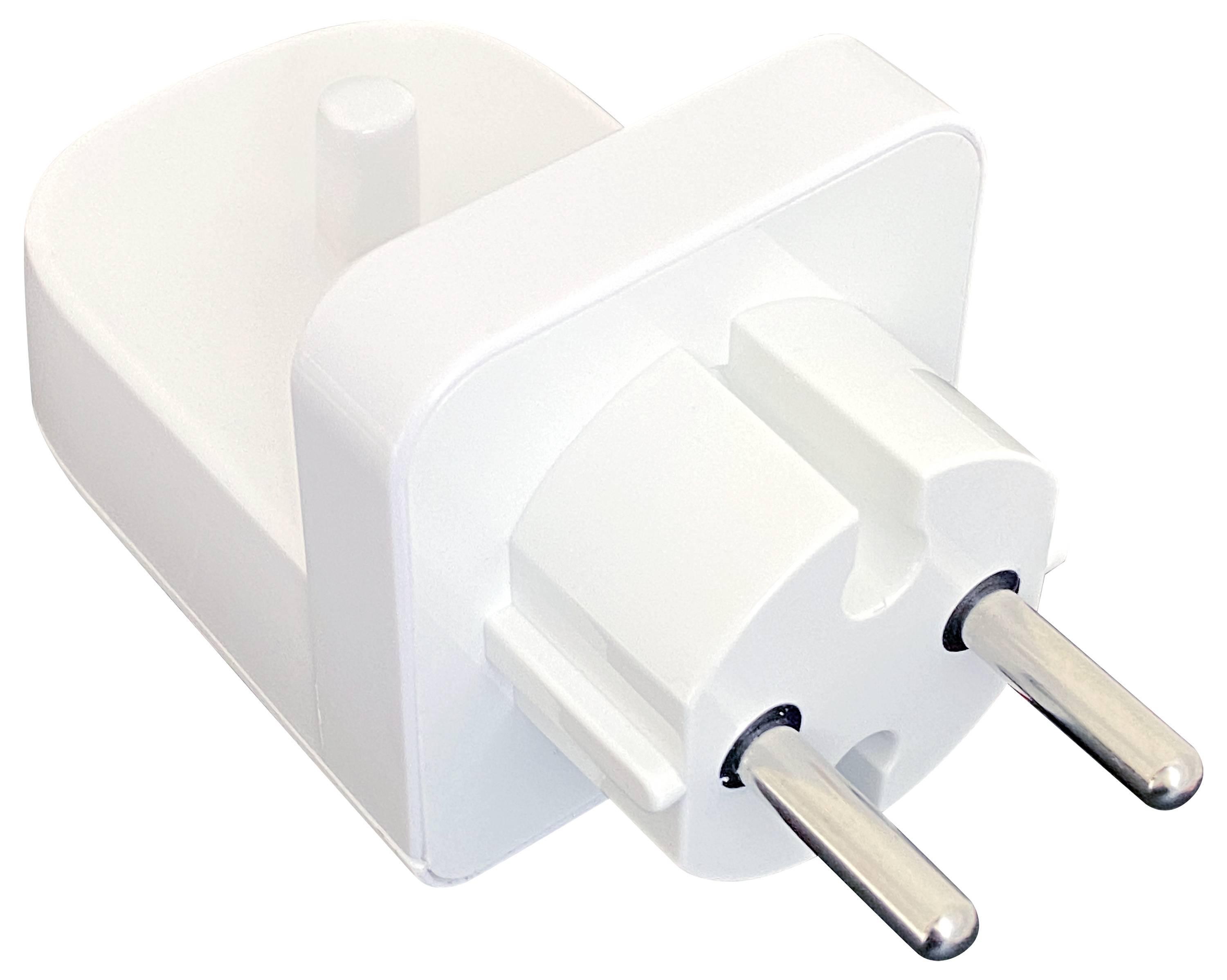 A white European plug adapter with two round prongs, designed for connecting electronic devices to European power outlets.