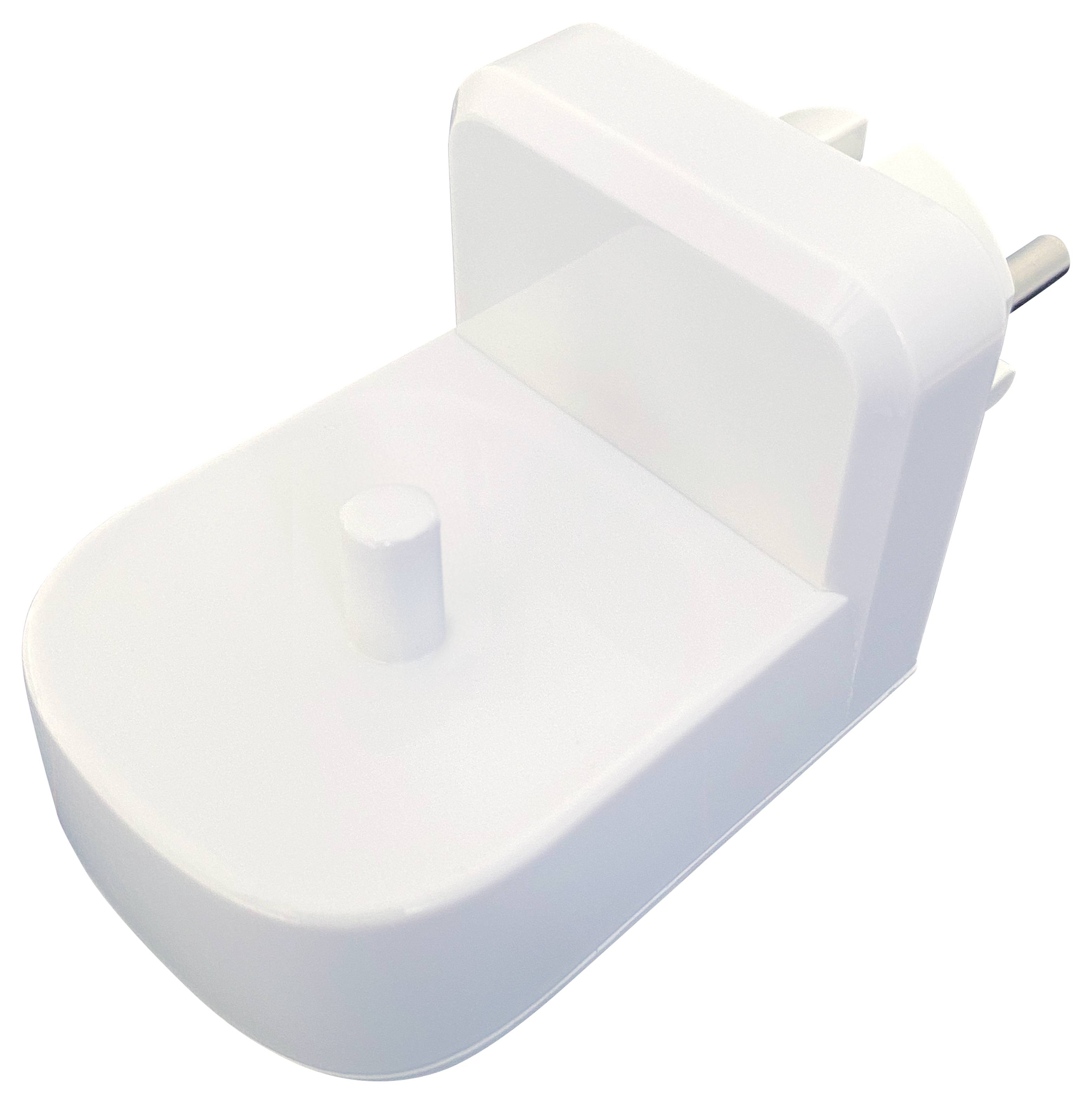 A white electrical wall plug with a flat surface and cylindrical peg on top, designed for holding a device upright.