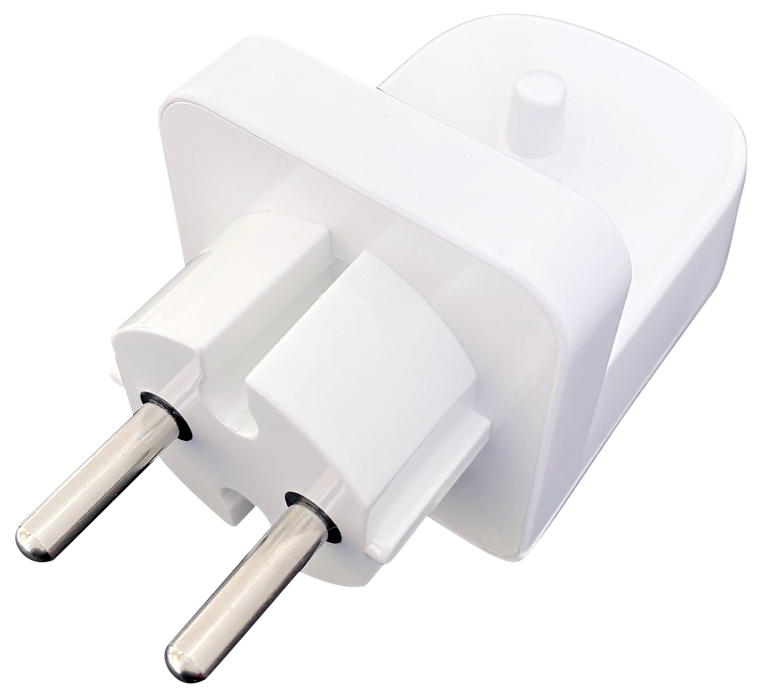 A white electrical plug adapter with two round metal prongs, suitable for converting different plug types to fit standard European outlets.