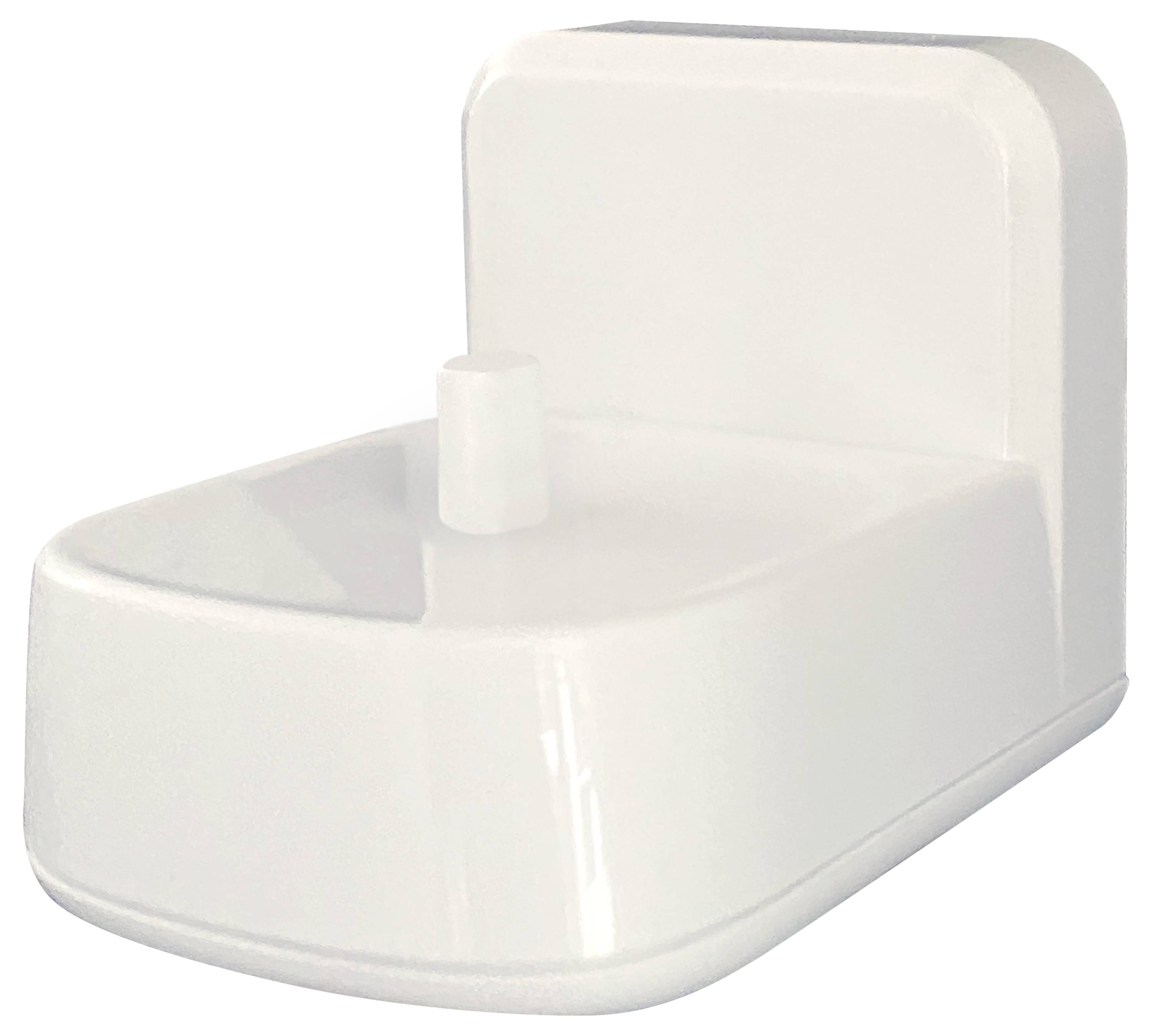 A modern white drinking fountain with an elevated back and a central spout for water.