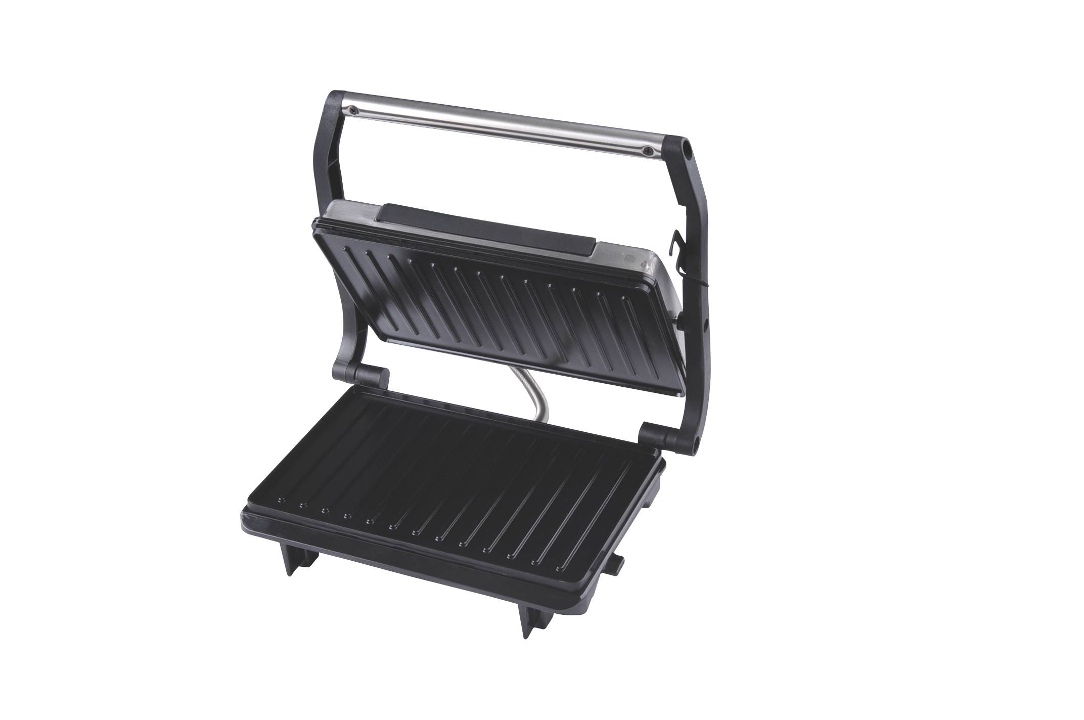 An electric grill with a stainless-steel handle and two non-stick ridged plates, open and ready for grilling sandwiches or meat.