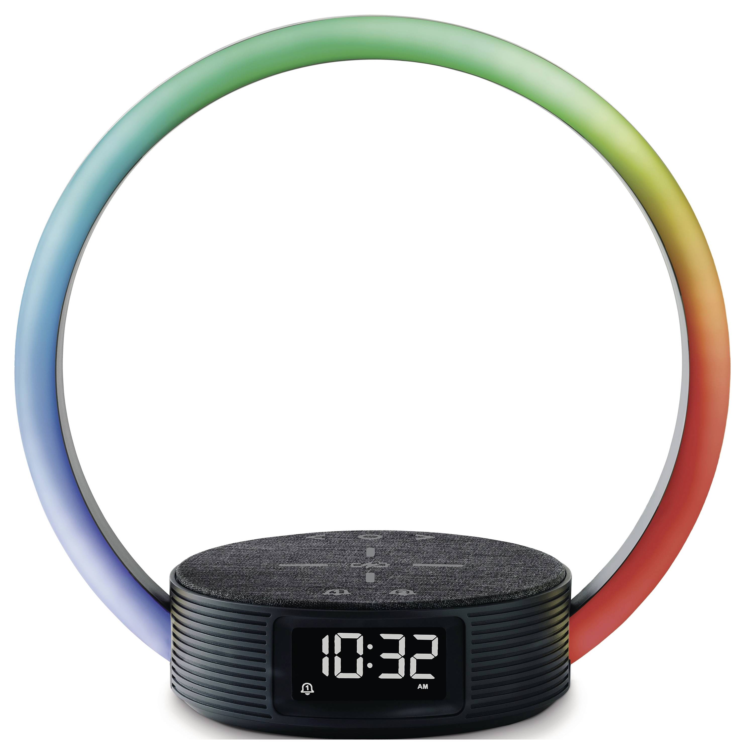 A modern alarm clock with a circular LED light in a gradient from green to red, displaying '10:32 AM' on a digital screen at the base.