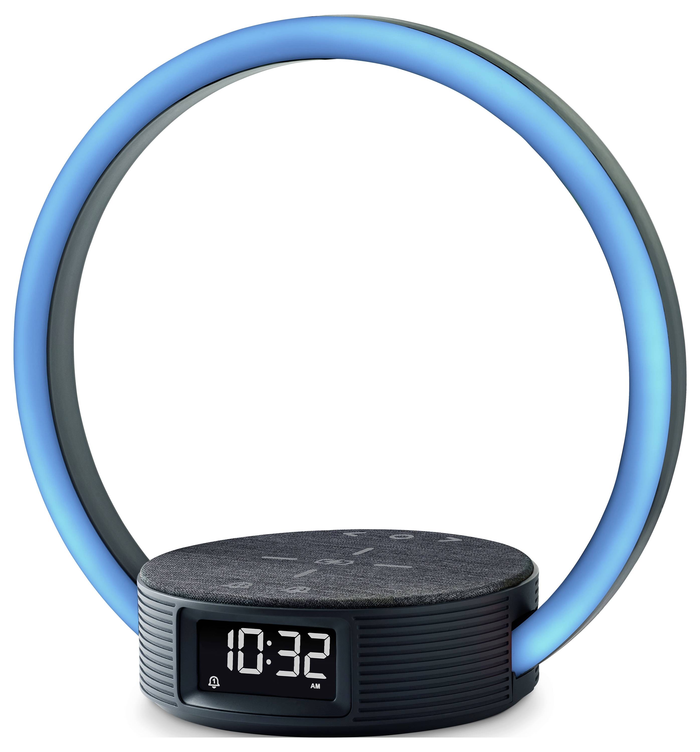 A modern alarm clock featuring a circular blue LED light, digital time display showing 10:32 AM, and touch controls on the top.