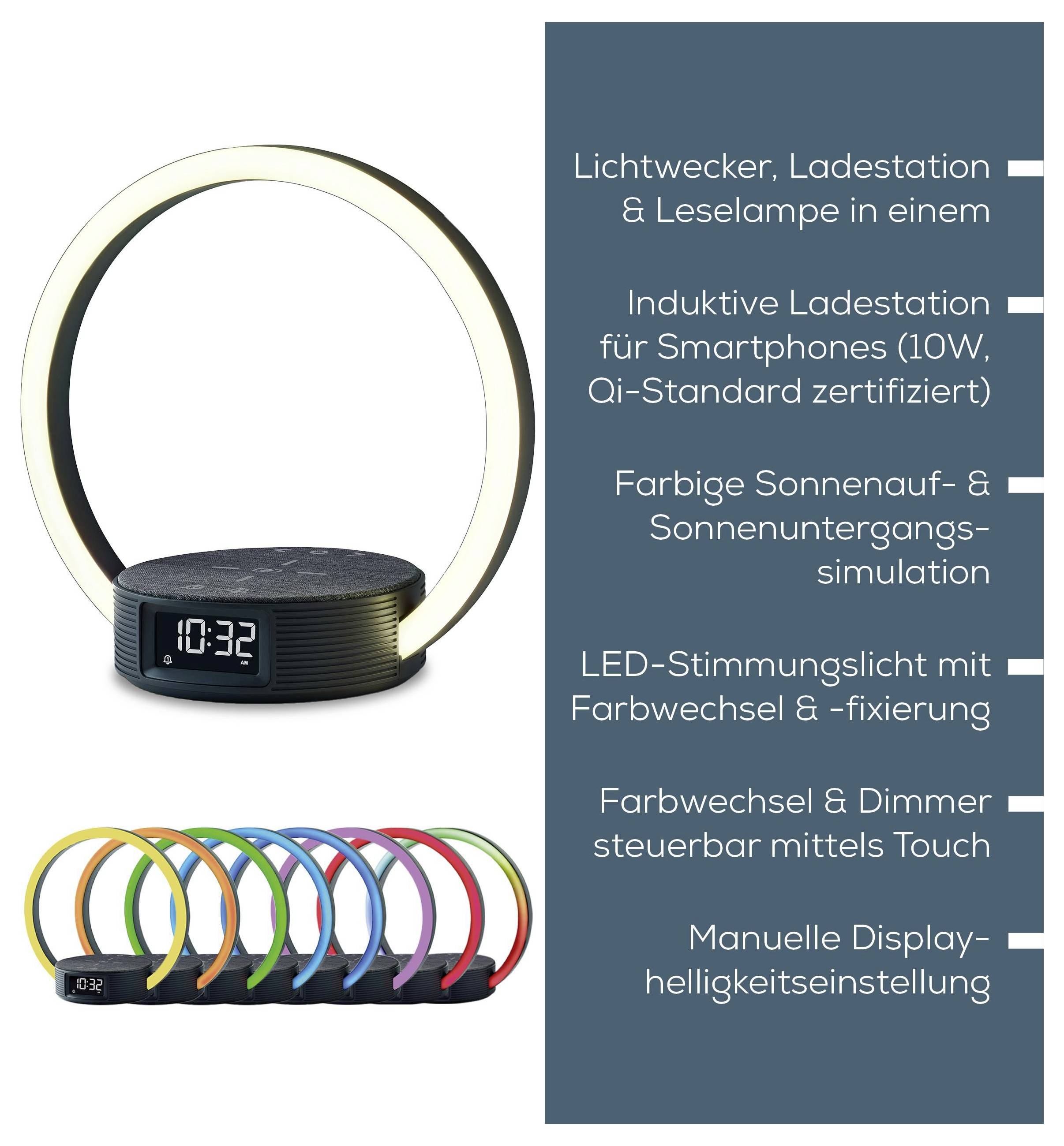 A modern LED lamp with clock and phone charging. Features include sunrise/sunset simulation, LED mood lighting, and display dimming.