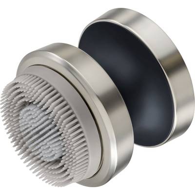 A metallic showerhead with numerous gray bristles is shown, emphasizing its unique design for enhanced water flow and coverage.