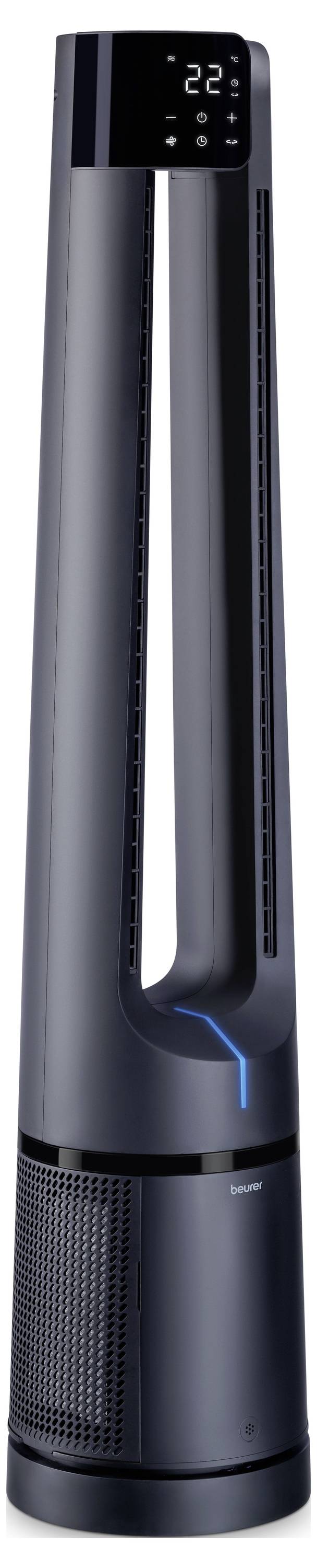 Tall, sleek black tower fan with digital display showing '22' indicating temperature or speed setting. Modern design with vertical vents.