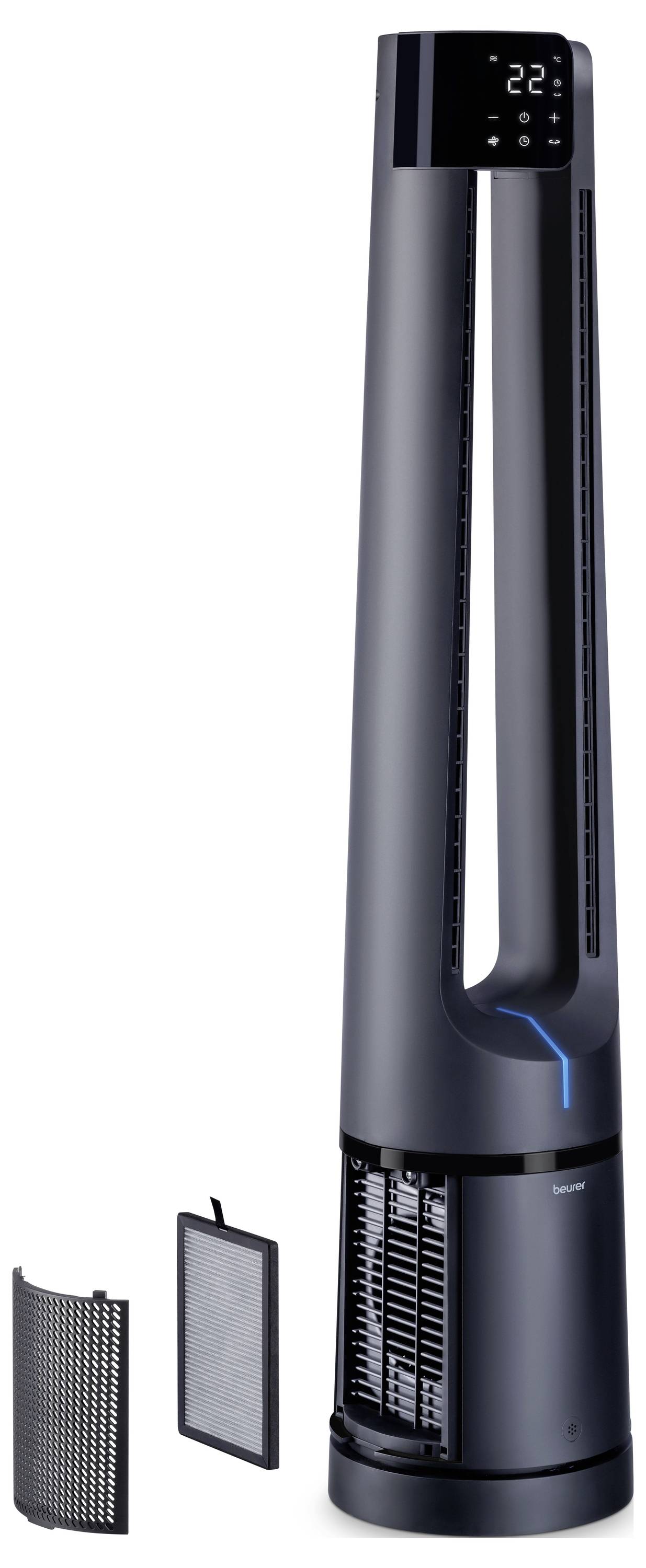 A tall, sleek black tower fan with a digital display showing '22', accompanied by two detachable filters at its base.
