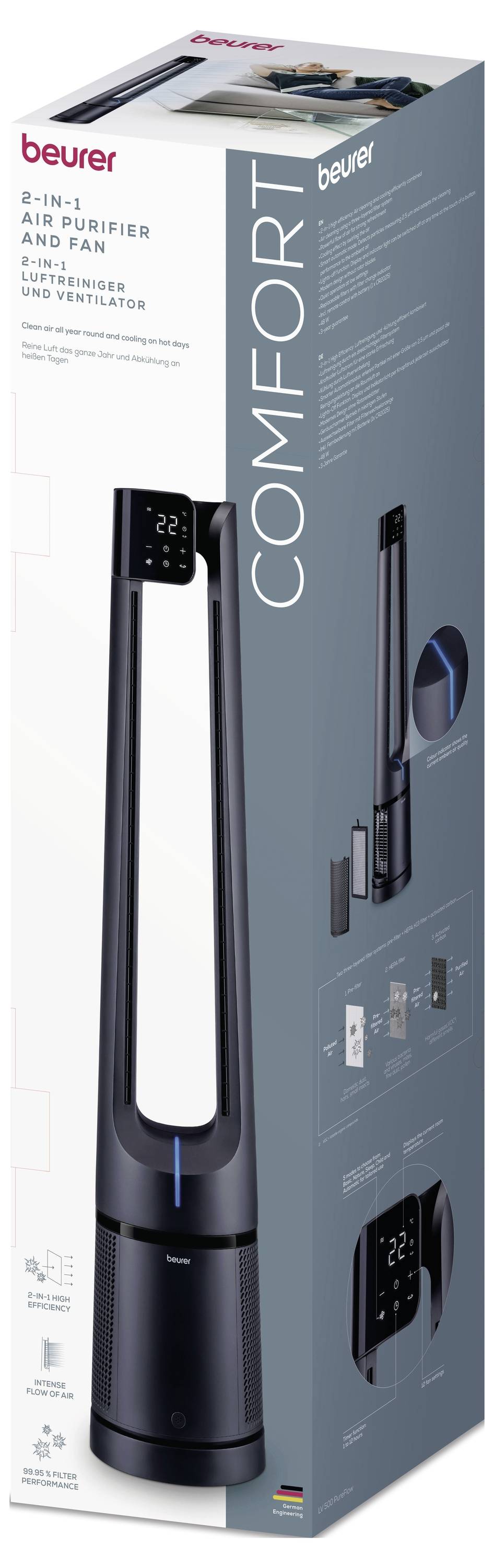 Beurer Comfort air purifier and fan packaging, showing the device's modern design, digital display, and remote control.