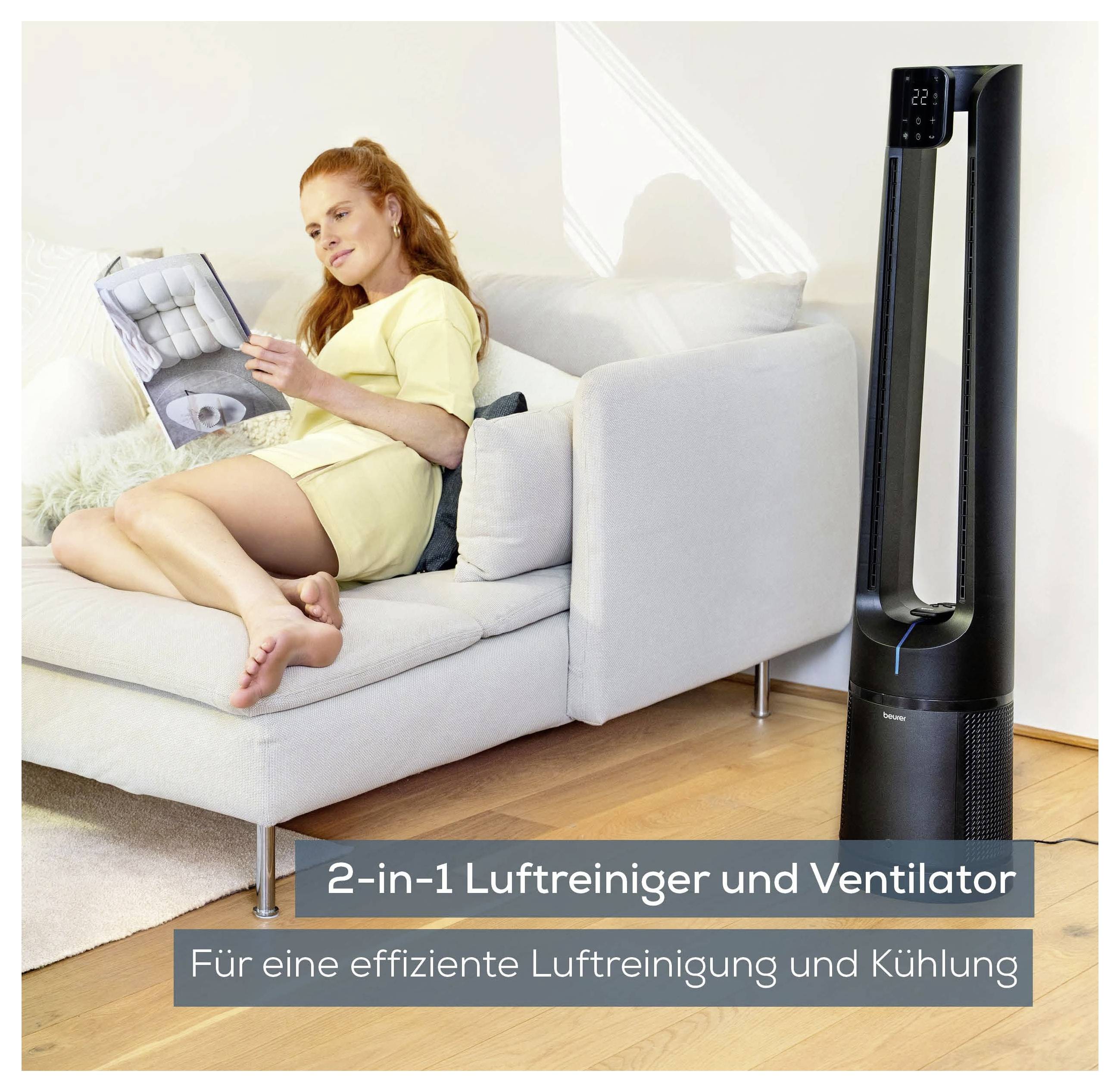A woman in a yellow dress reads on a sofa near a tall, black 2-in-1 air purifier and fan with the text '2-in-1 Luftreiniger und Ventilator'.