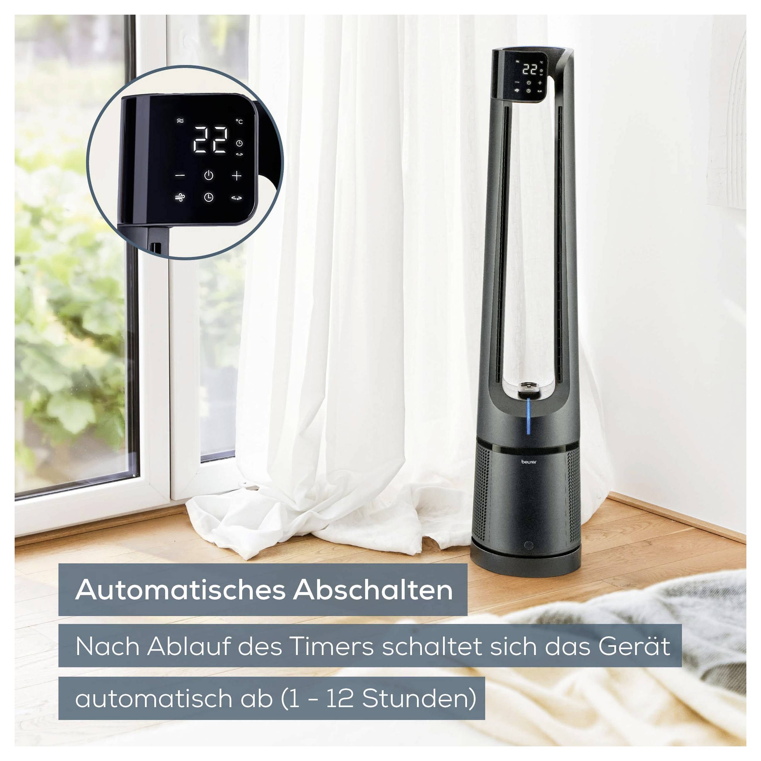 'Tower fan with a digital display showing 22°C. Feature text in German: 'Automatisches Abschalten', indicating auto shut-off after timer expires (1-12 hours).'