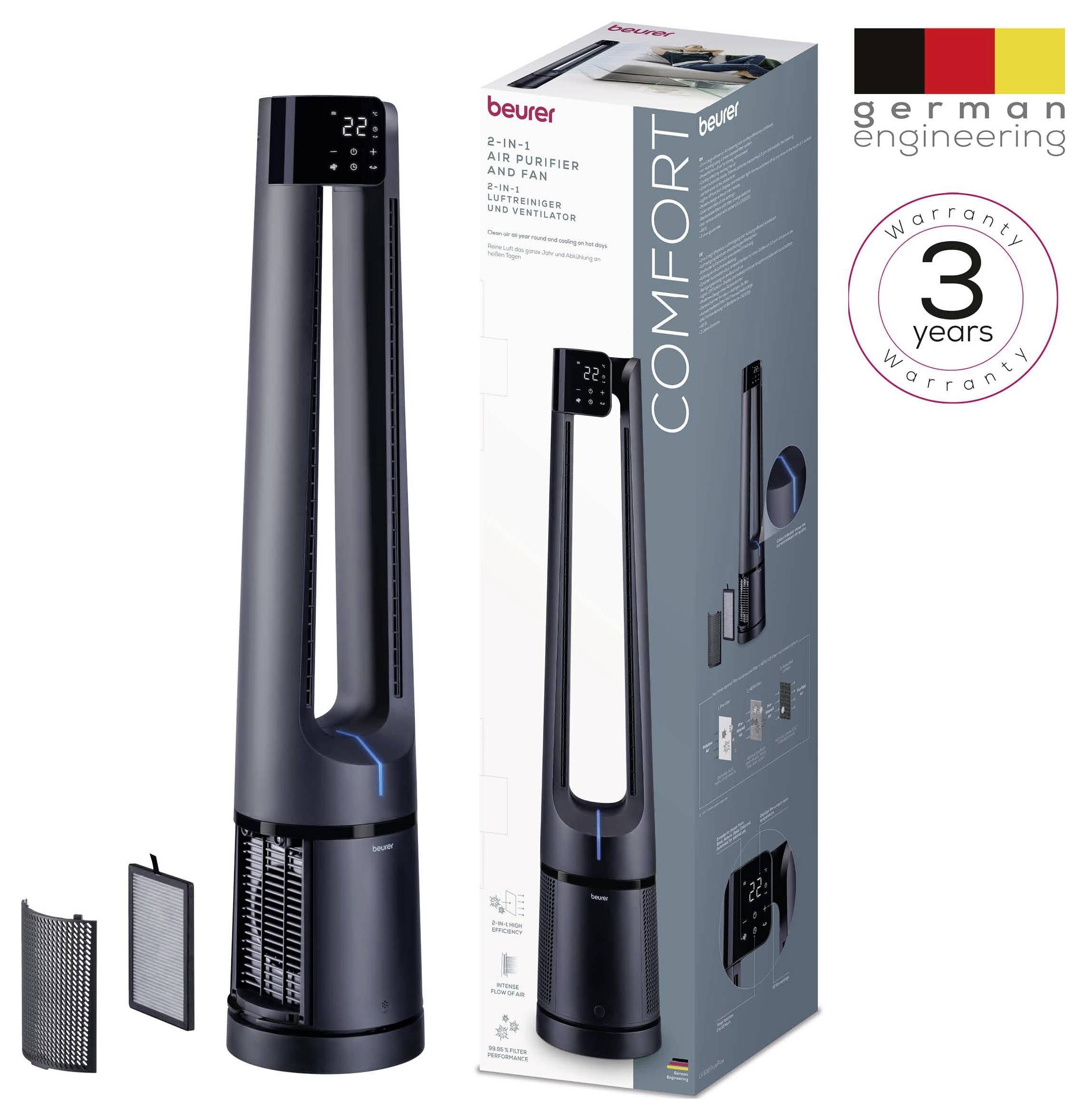 'Tower fan and air purifier, black design. German engineering, 3-year warranty. Includes filters and displays temperature.'