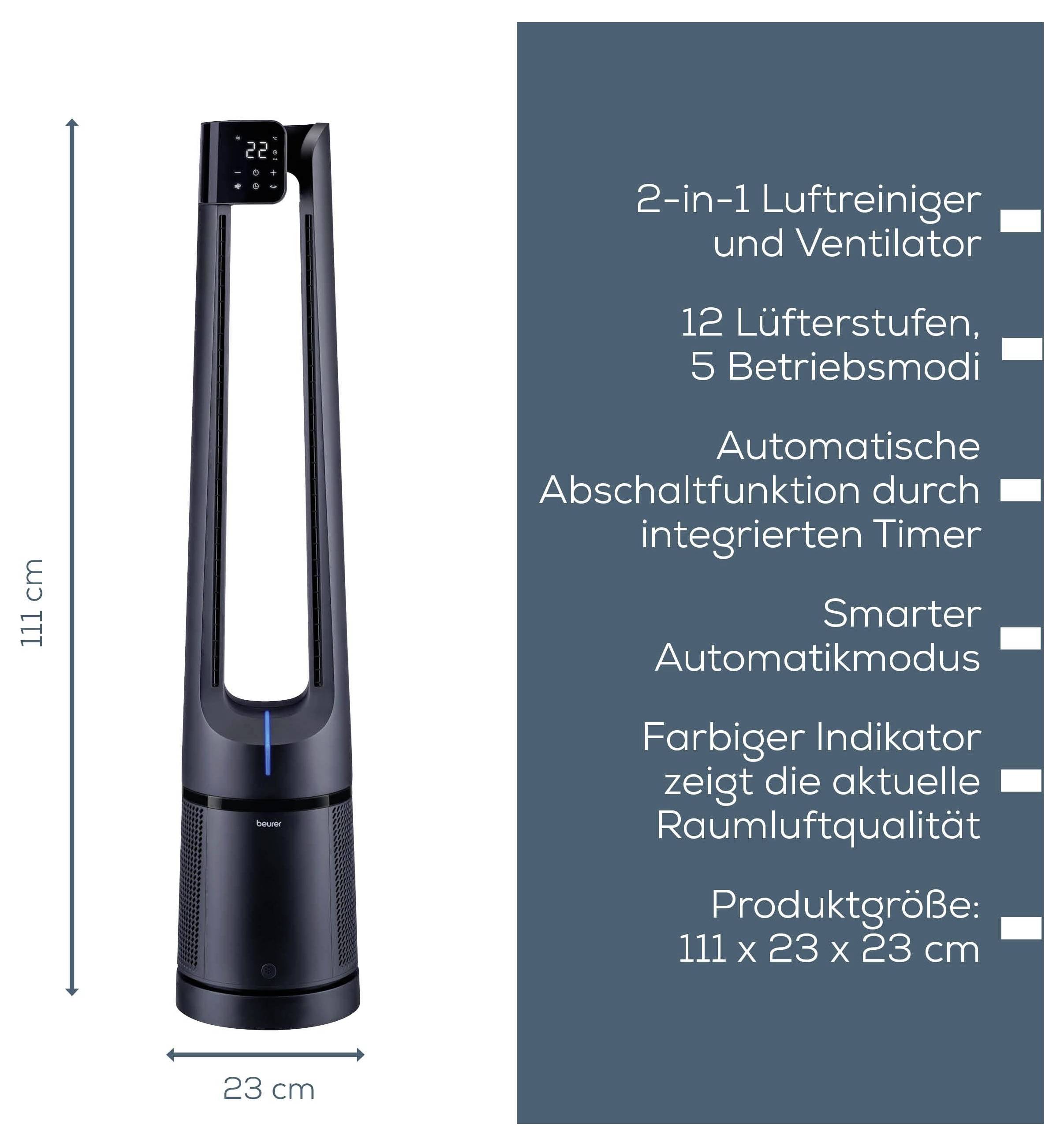 'Tower fan and air purifier, 111 cm tall. Features: 12 fan speeds, 5 modes, automatic shut-off timer, smart mode, air quality indicator.'
