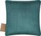 A turquoise square cushion with a corduroy texture, featuring a small brown tag on the side.