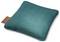 A teal square cushion with a ribbed texture and a brown leather tag on one side.