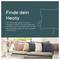 'Finde dein Heaty' written over an image of a cozy living room with colorful pillows on a sofa, promoting stylish heating pads.