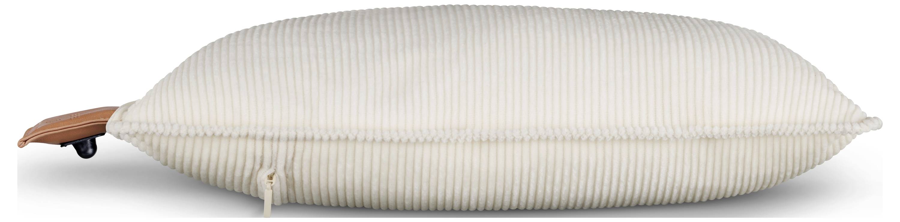 A beige striped cushion with a handle and wheels attached, likely designed for easy transport or specific use.