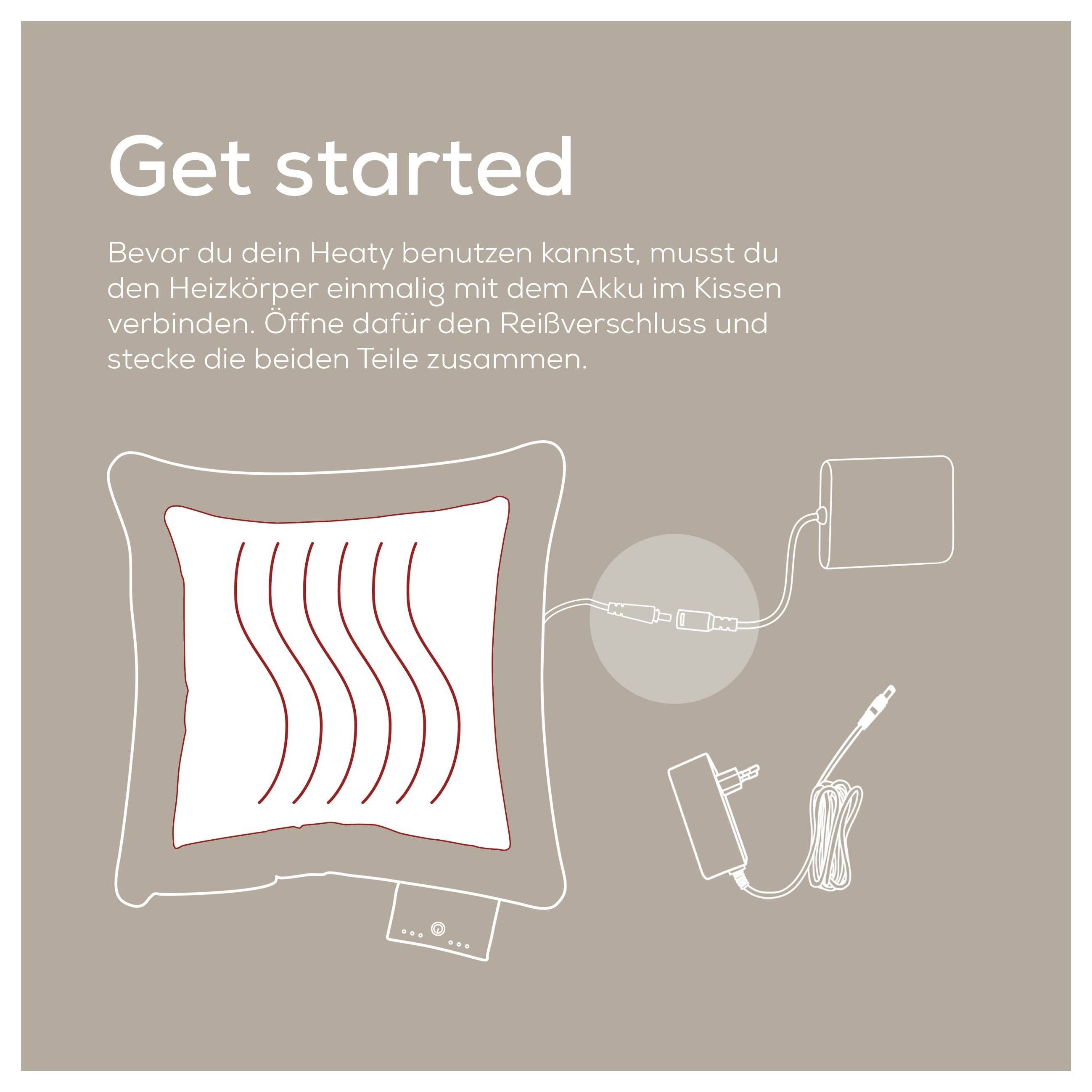 'Get started' section illustrating the setup of a heating pad with connected battery and charger, featuring German instructions.
