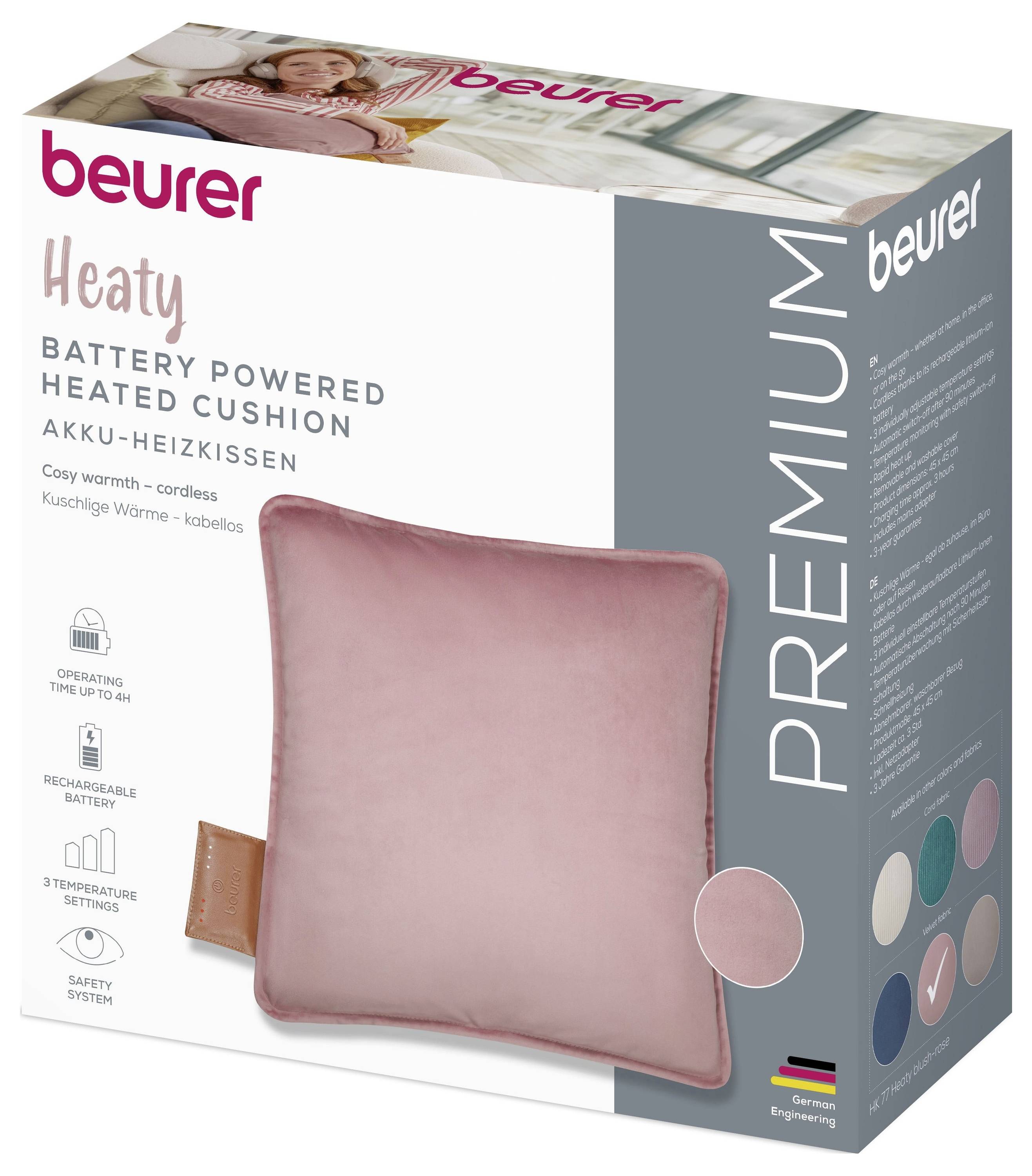'Beurer Premium Battery Powered Heated Cushion' packaging shows a pink cushion, features include cordless use, rechargeable battery, 3 temperature settings.