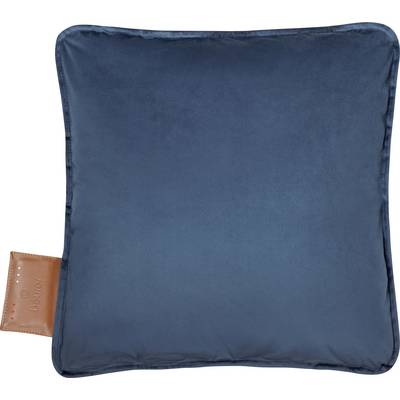 A navy blue velvet square pillow with a small brown leather tag on the side, featuring an embossed brand logo.