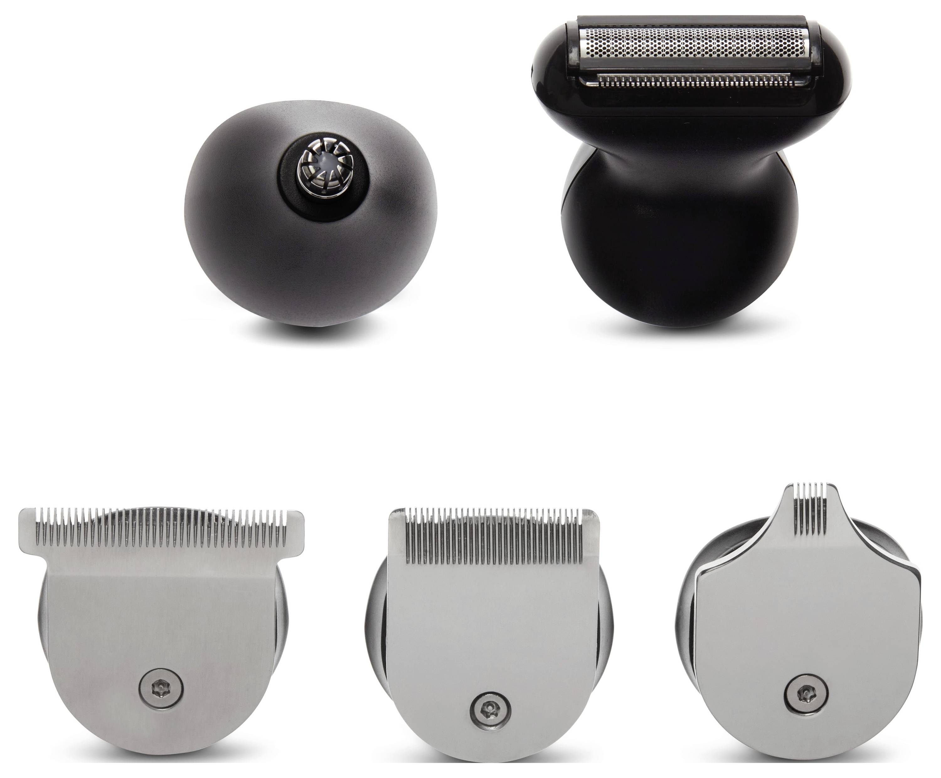 'Five grooming accessories arranged in a row: a black electric shaver head, three silver interchangeable clipper attachments, viewed from above.'
