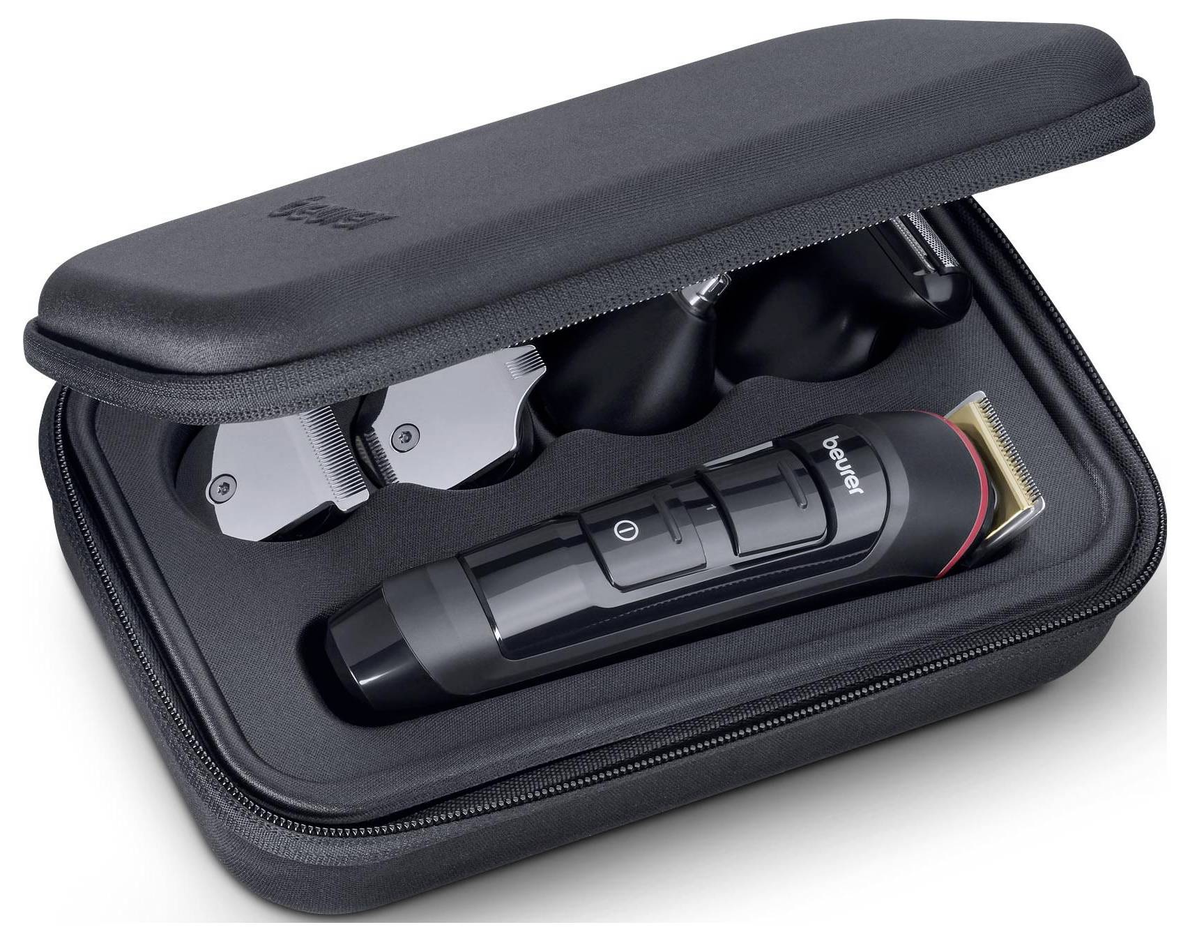'Black cordless trimmer with attachments stored in a zippered case, showcasing grooming tools organized for travel or storage.'