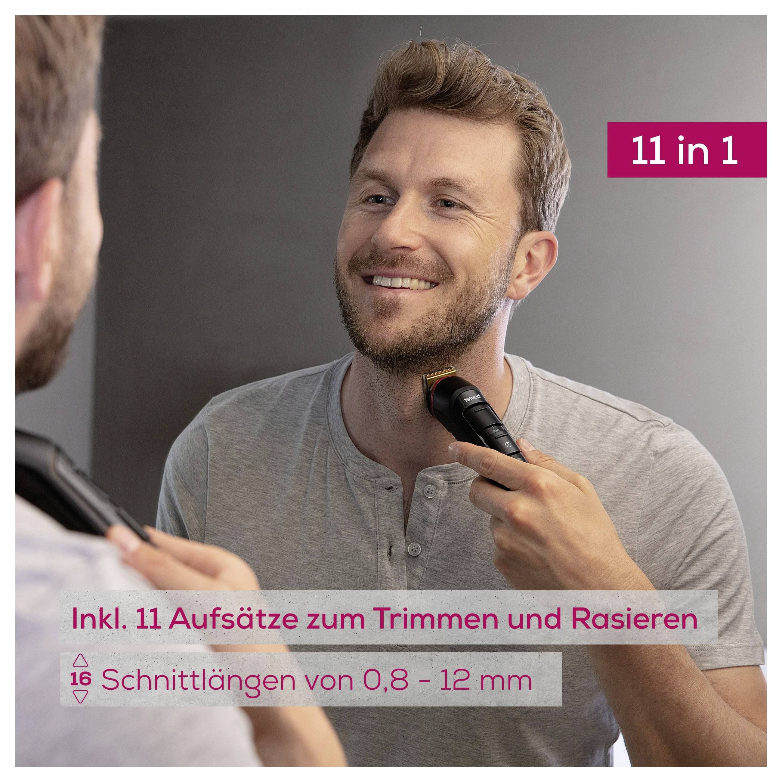 A man uses a grooming device to trim his beard, smiling at his reflection. Text highlights '11 in 1' features, including 11 attachments.