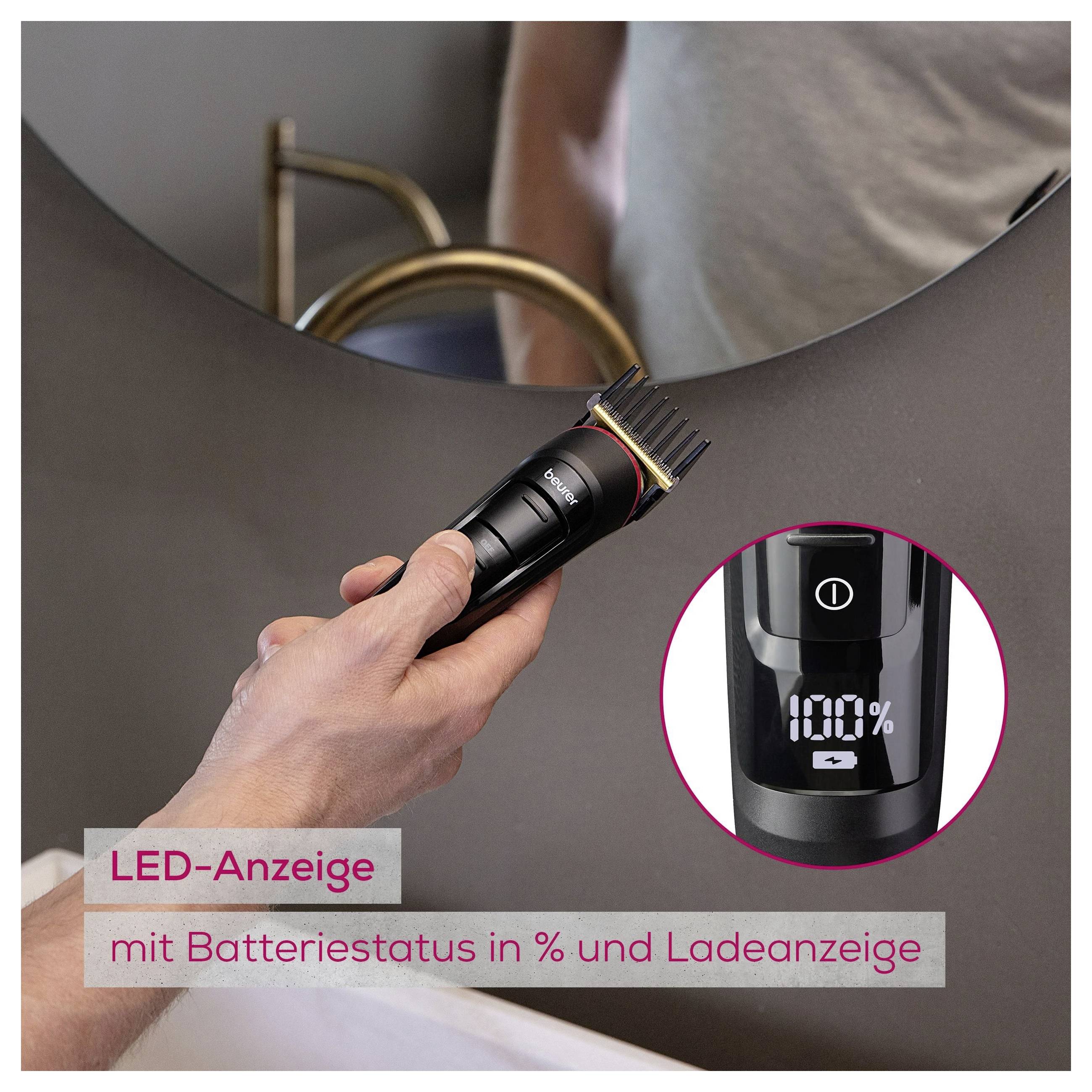Hand holding a hair trimmer with LED display showing '100%'. Text reads 'LED-Anzeige mit Batteriestatus in % und Ladeanzeige'.