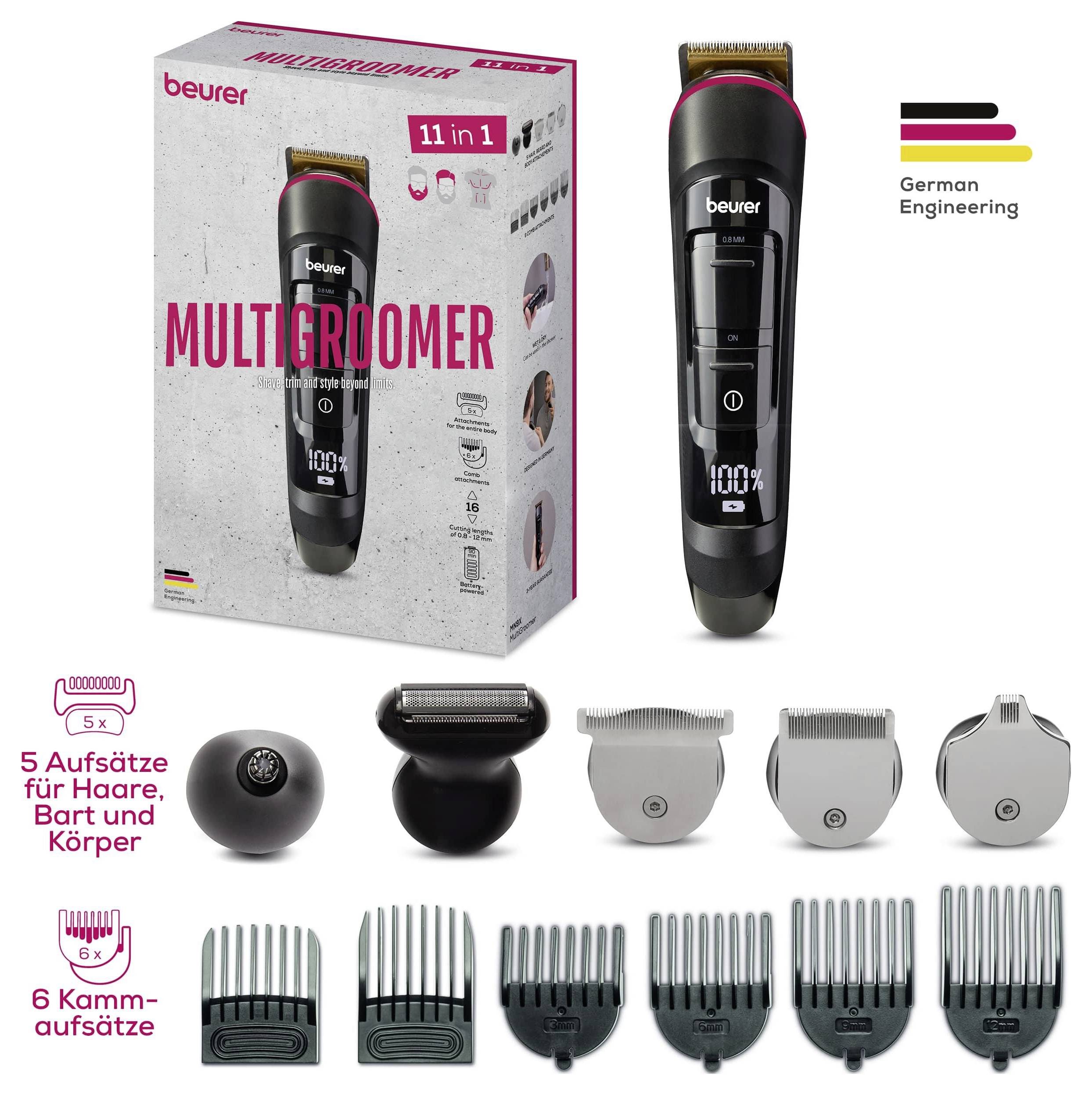'MULTIGROOMER' set includes a trimmer, 5 attachments for hair, beard, and body, and 6 combs. German engineering, 11-in-1 functionality.