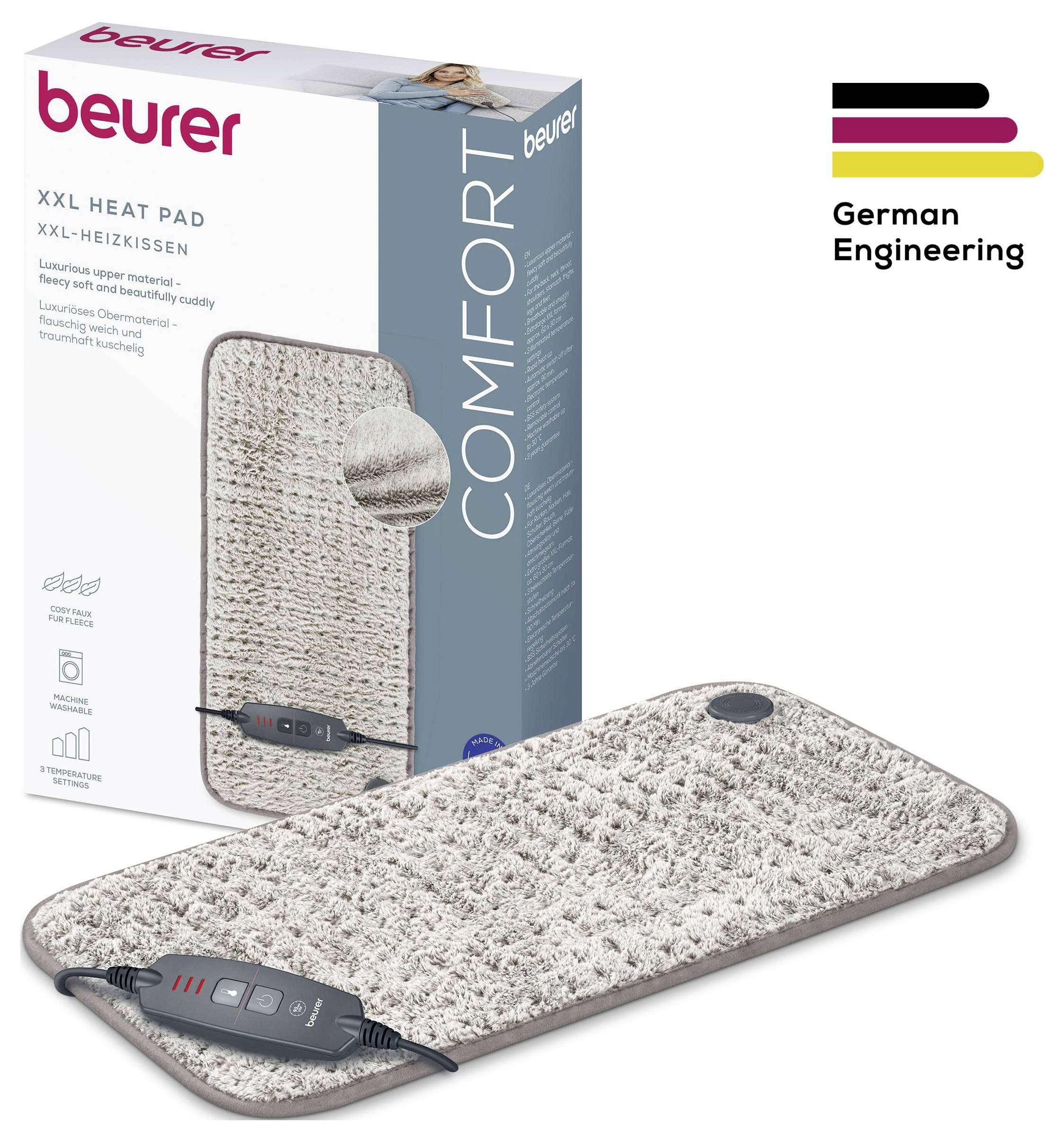 'Beurer XXL Heat Pad - soft, breathable, quick-heating with an adjustable controller. German engineering focus on comfort and safety.'