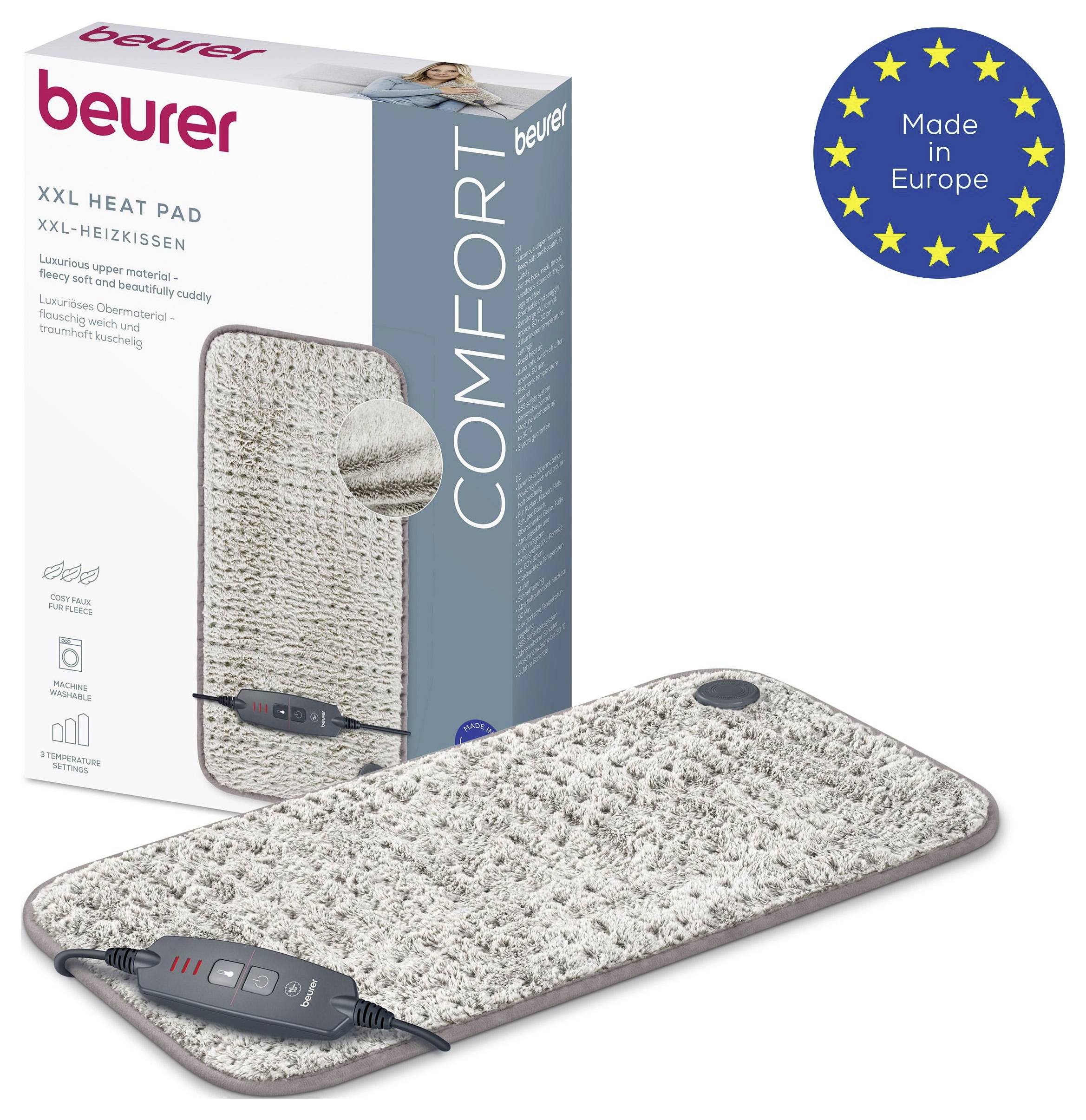 XXL heating pad with adjustable heat settings and soft texture. Accompanied by branded packaging. Blue circle states 'Made in Europe'.